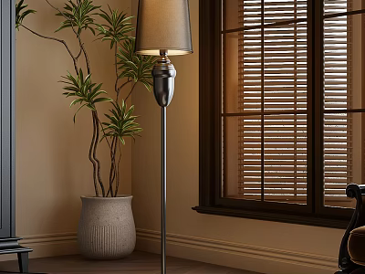 Cozy Living Room Interior With Modern Floor Lamp Potted Plant And Window Blinds 3d model