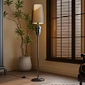 Cozy Living Room Interior With Modern Floor Lamp Potted Plant And Window Blinds