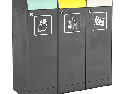 Modern Public Recycling Bins With Three Compartments Colored Lids And Recycling Symbols For Waste Sorting 3d model
