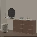 Light Wood Dresser With Round Mirror Multiple Drawers And Decorative Stool