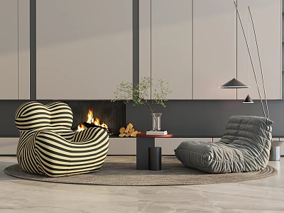 Modern Cozy Living Room With Striped Gray Comfortable Bean Bag Chairs Fireplace Floor Lamp And Warm Atmosphere 3d model