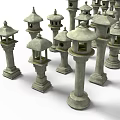 Traditional Garden Landscape With Various Stone Lanterns For Outdoor Decoration