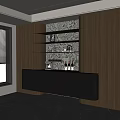 Modern Gray Sideboard With Open Shelves And Decorative Items On Wooden Textured Wall