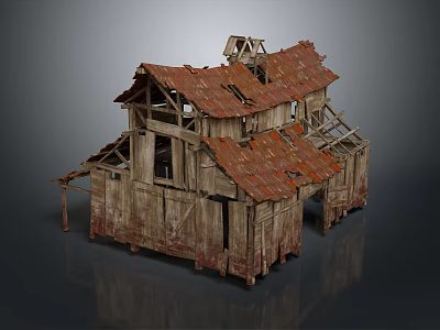 Dilapidated Old Wooden House With Broken Red Roof Tiles And Exposed Structure 3d model