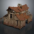 Dilapidated Old Wooden House With Broken Red Roof Tiles And Exposed Structure