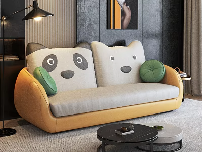 Cute Yellow Multi-seat Sofa with Panda Bear Cushions and Green Throw Pillows 3d model