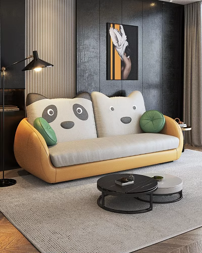Cute Yellow Multi-seat Sofa with Panda Bear Cushions and Green Throw Pillows 3d model