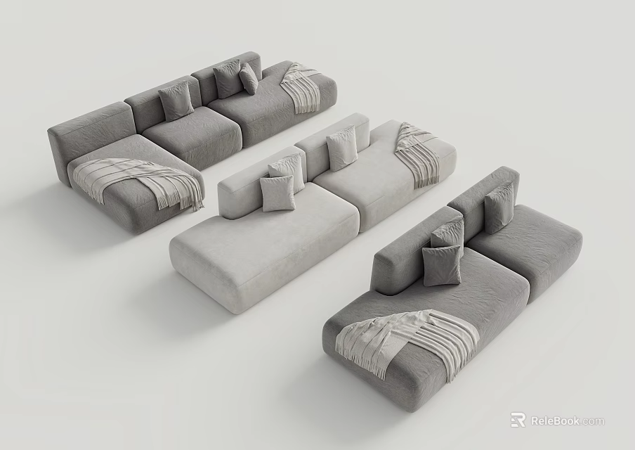 Modern Grey Multi Seat Sofas With Pillows Cozy Blankets And Minimalist Design 3d model