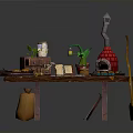 Rustic Wooden Table Decorated With Potted Plants Spice Jars And Small Ornaments