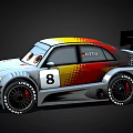 Cartoon Racing Car With Big Eyes Silver Body Red And Yellow Stripes Number 8