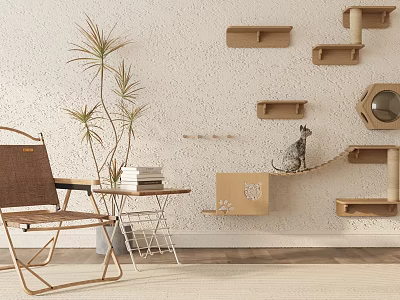Stylish Accent Chair with Potted Palm Plant and Cat Shelves on White Textured Wall 3d model