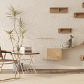 Stylish Accent Chair with Potted Palm Plant and Cat Shelves on White Textured Wall
