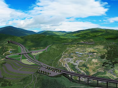 Modern Road Infrastructure With Highway Interchange Bridge And Mountainous Green Landscape 3d model