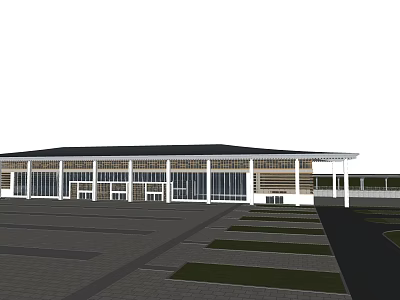 Modern Building Exterior With Large Glass Windows Flat Roof And Parking Area 3d model