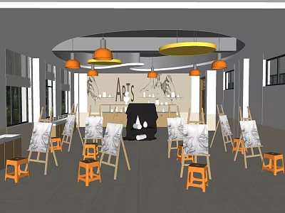 Kindergarten Art Studio With Colorful Easels Small Stools And Hanging Pendant Lights 3d model