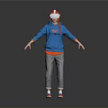 Woman With Red White VR Headset Blue Hoodie Orange Sneakers Arms Outstretched On Gray Background