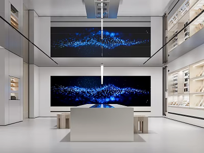Modern Exhibition Hall With Large Screens Blue Wave Patterns White Display Counter Hanging Lights 3d model