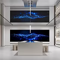 Modern Exhibition Hall With Large Screens Blue Wave Patterns White Display Counter Hanging Lights 3d model
