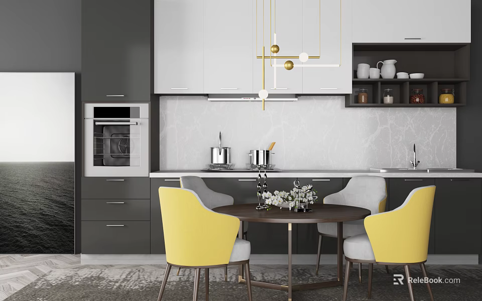 Modern Kitchen Dining Table Set With Round Table Yellow Chairs And Pendant Lights 3d model