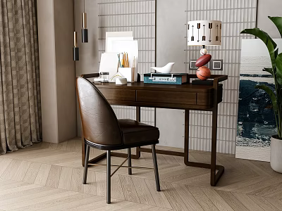 Modern Wooden Desk Setup With Brown Leather Chair Table Lamp Books And Green Plant 3d model
