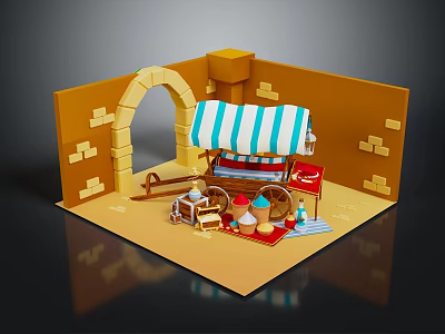 Cartoon Scene of Arched Entrance with Striped Awning Cart and Pastry Items by Brick Walls 3d model