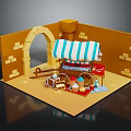 Cartoon Scene of Arched Entrance with Striped Awning Cart and Pastry Items by Brick Walls