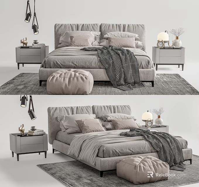 Modern Double Bed with Soft Pillows Cozy Blanket and Stylish Nightstands with Table Lamps 3d model 