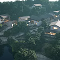 Aerial Planning of Traditional Style Buildings Amidst Lush Trees and Natural Landscape Layout Design