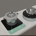 Cooking Pots On Induction Cooktop And Portable Stove With Light Countertop And Wooden Cabinets