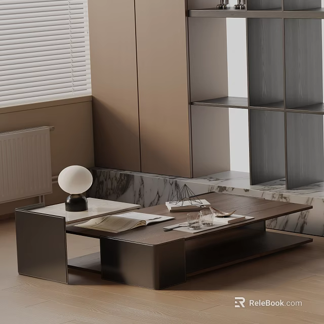Modern Sofa and Coffee Table Set with Marble Top Wooden Frame and Decorative Lamp Books 3d model 
