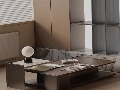 Modern Sofa and Coffee Table Set with Marble Top Wooden Frame and Decorative Lamp Books 3d model