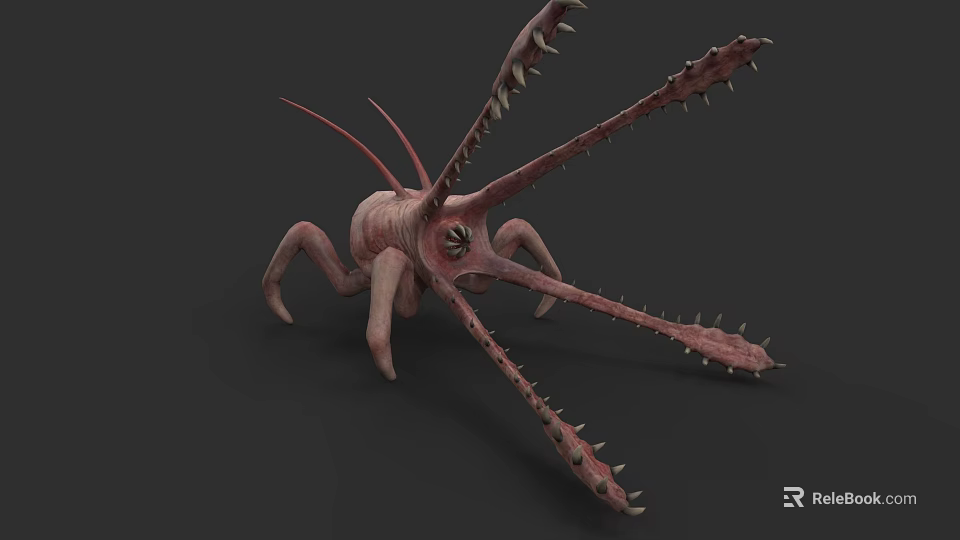 Grotesque Fantasy Creature 3D Render With Long Spiked Limbs Single Eye And Pinkish Body 3d model 
