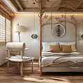 Hotel Guest Room With Rustic Wooden Decor Bed Windows And Pillows