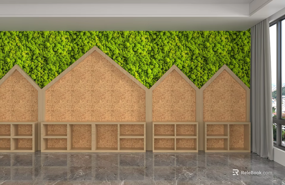 Green Moss Wall Background With House Shaped Cork Boards And Shelves 3d model 