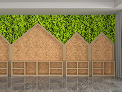 Green Moss Wall Background With House Shaped Cork Boards And Shelves 3d model
