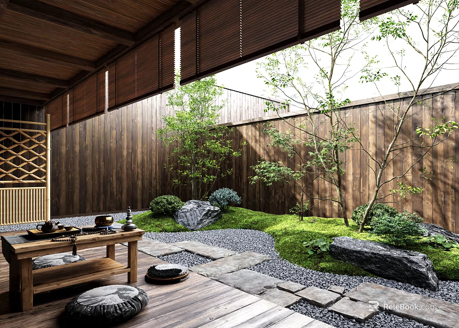 Japanese Courtyard Garden With Wooden Lattice Stone Path Gravel Grass And Trees 3d model 