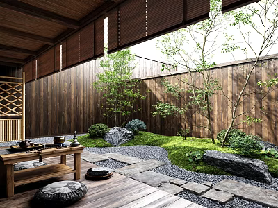 Japanese Courtyard Garden With Wooden Lattice Stone Path Gravel Grass And Trees 3d model