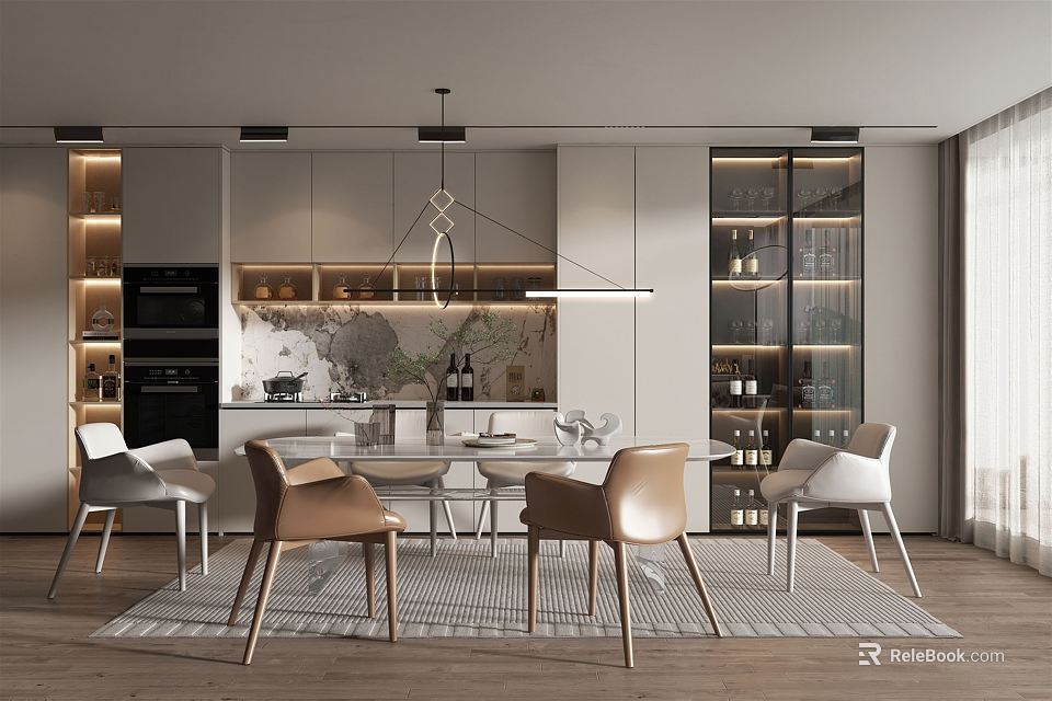 Elegant Modern Restaurant Interior Design With Dining Table Chairs Pendant Lights And Wine Cabinet 3d model 