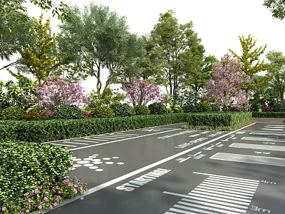 Garden Landscape Design For Parking Area With Mixed Trees Pink Blossoms And Green Hedges 3d model