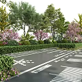 Garden Landscape Design For Parking Area With Mixed Trees Pink Blossoms And Green Hedges