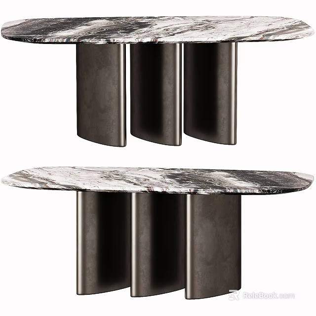 Modern Dining Table With Sleek Marble Top And Black Metal Cylindrical Legs 3d model 