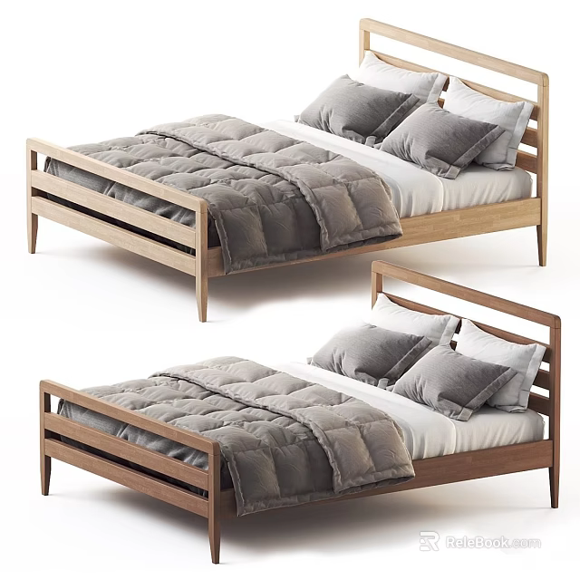 Minimalist Double Bed With Wooden Frame Gray Comforter White Sheets And Pillows 3d model 
