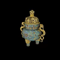 Blue Gold Cloisonne Decorative Ornament Set Featuring Colorful Patterns Pierced Lid Loop Handles Three Legs