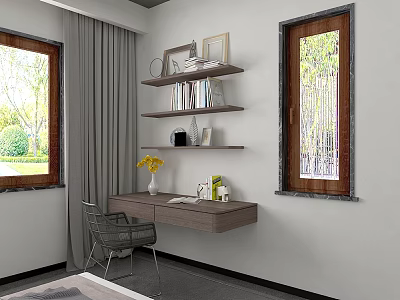 Wall Mounted Wooden Desk With Shelves Books Vase And Window View Green Plants 3d model