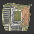 Aerial View Of Modern Football Stadium With Green Lawn Seating Stands And Parking Lots