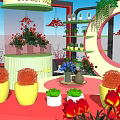 Vibrant Flower War Display Area With Circular Decorative Structures Lush Vines And Colorful Blooms