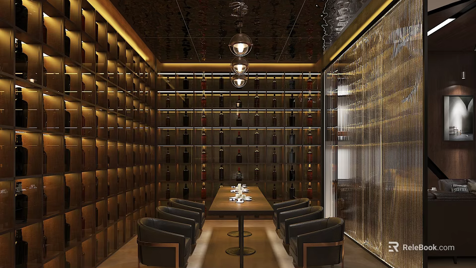 Elegant Bar Interior With Wine Racks Dining Table Chairs And Pendant Lights 3d model 