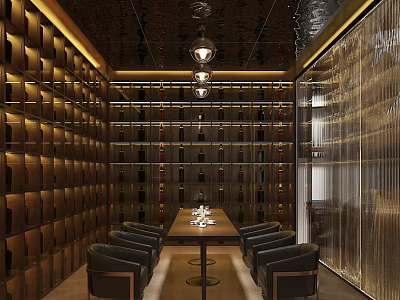 Elegant Bar Interior With Wine Racks Dining Table Chairs And Pendant Lights 3d model