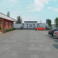 Garden Landscape With Modern Building Red Walls Wooden Structure Trees And Parking Lot