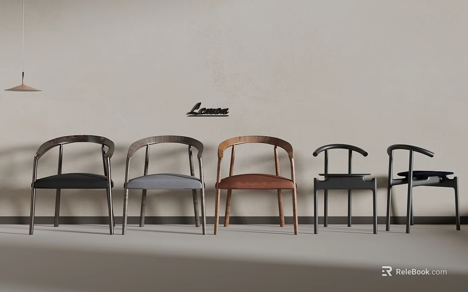 Five Single Chairs With Various Colors Different Designs And Wooden Frames Against Light Wall 3d model
